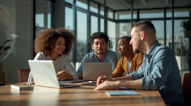 Diverse team collaborating around laptops and tablet in modern glass-walled conference room