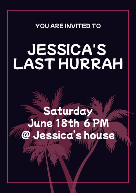 This elegant farewell party invite features bold typography and a stylish leaf silhouette against a dark background, creating a sophisticated and modern look. Ideal for inviting guests to a farewell or going-away party, it is perfect for social media posts, email invitations, or printable invites. The tropical design adds a festive and welcoming touch, making it suitable for beach-themed events or summer gatherings.