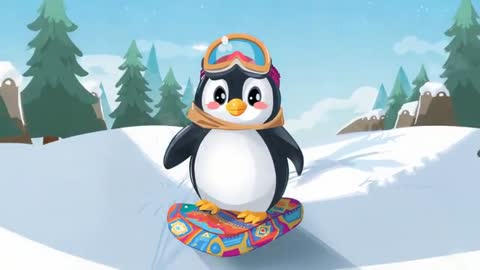 Penguin gliding downhill on colorful patterned sled wearing goggles, scarf animated video