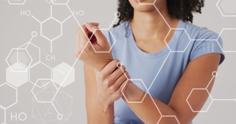 Woman Experiencing Discomfort with Chemical Structures Overlay