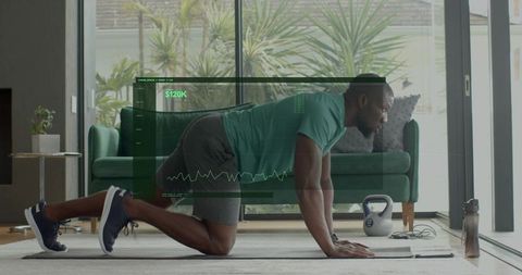 Black man performing plank with digital fitness metrics overlay and kettlebell