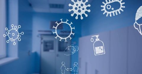 Covid-19 pandemic concept with viruses and safety symbols