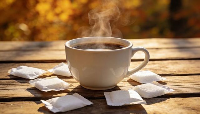 Steaming cup of black coffee on rustic wood table with sugar packets in autumn light