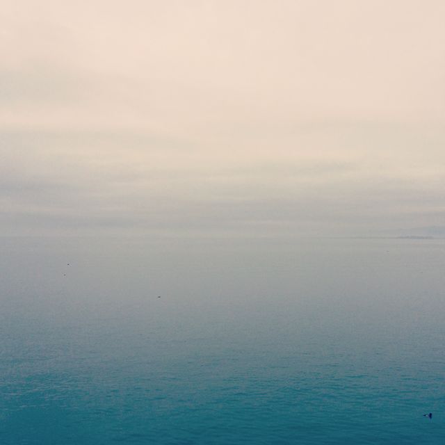 Expansive view of the ocean meeting the horizon under an overcast sky, conveying a calm and peaceful atmosphere. Ideal for use in themed projects focused on serenity, mindfulness, nature, or minimalism. Perfect for backgrounds, website banners, or mood boards.