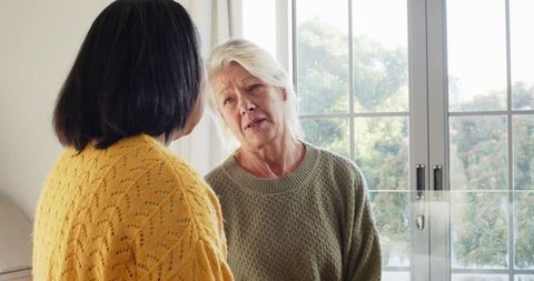 Elderly Woman Engaging in Calm Conversation with Friend at Home
