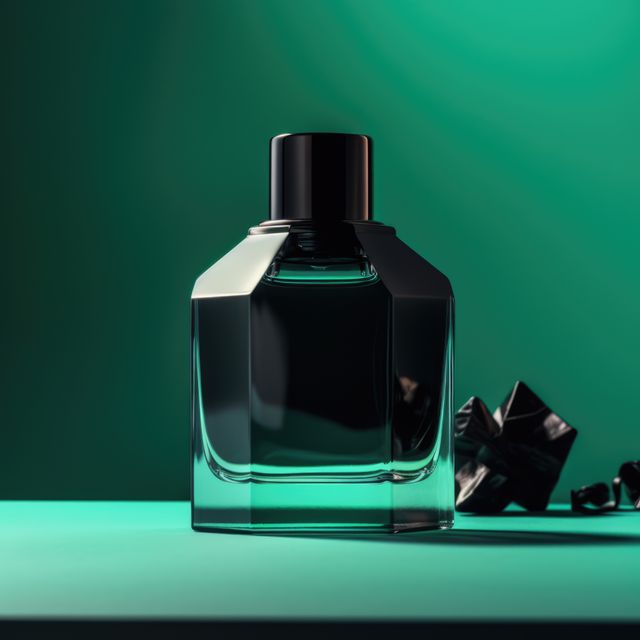 Rectangular glass perfume bottle in green light, created using generative ai technology. Scent, fragrances and luxury goods concept digitally generated image.