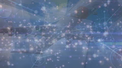 Airplane Amidst Digital Network Connections in Cloudy Sky