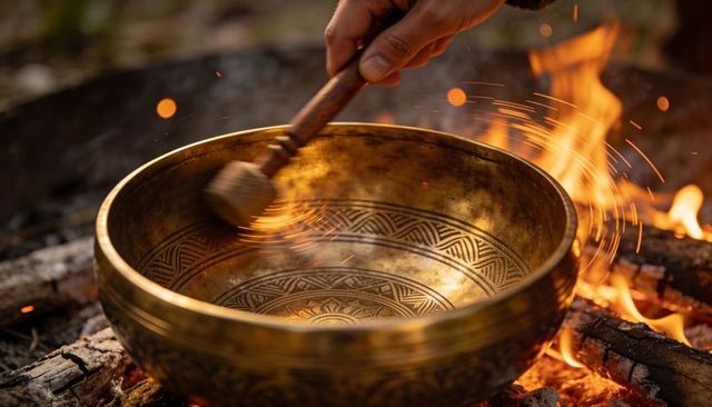 Golden singing bowl resonating over campfire with wooden mallet and flying sparks