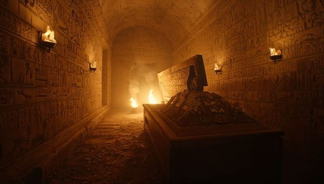 Glowing ornate sarcophagus revealing artifacts in torchlit hieroglyph corridor inside ancient tomb