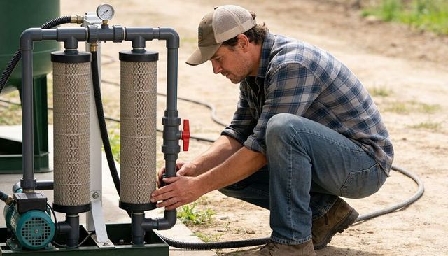 Farm technician kneeling tightening irrigation filter pump and valves with pressure gauge