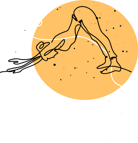 Transparent line art stretching figure with yellow and white accents