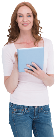 Smiling Redhead Using Tablet in Casual Attire on Transparent Background - Download Free Stock Videos Pikwizard.com