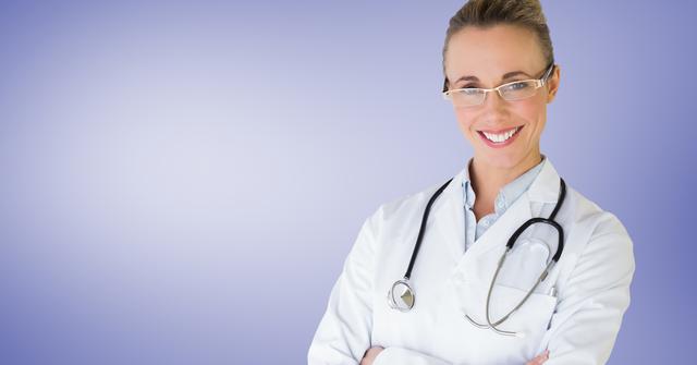 This image of a smiling female doctor with a stethoscope and arms crossed against a violet background is ideal for use in healthcare-related materials. It can be used for medical websites, brochures, advertisements, and educational materials to convey professionalism, confidence, and approachability in the healthcare industry.