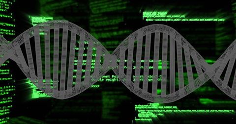 Gliding dna double helix over neon-green code stream for futuristic genomics visualization
