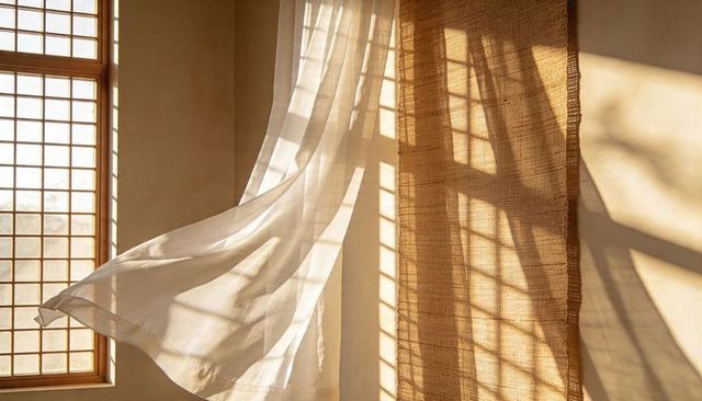 Sunlit sheer curtain billowing over jute panel with wooden grid shadow pattern