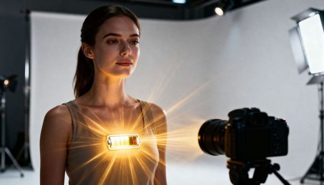 Standing model facing camera with glowing chest battery metaphor for energy and vitality