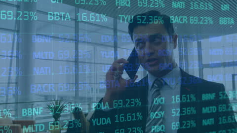 Businessman Discussing Amid Digital Data Overlay in Office