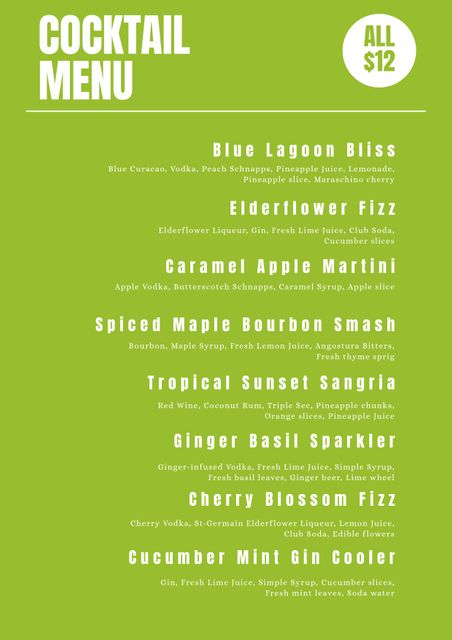 Colorful and attractively designed cocktail menu ideal for restaurants, bars, lounges, and parties. Organized list featuring a variety of cocktails with their ingredients. Perfect for promoting drink specials, seasonal promotions, and themed events. Green background enhances readability and gives a fresh, modern look.