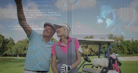 Mature Couple Enjoying Golf with Technology Overlay