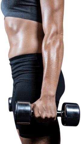 Transparent view of fit woman lifting dumbbells in studio
