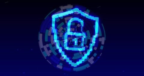 Digital Cyber Security with Rotating Shield Lock Symbol