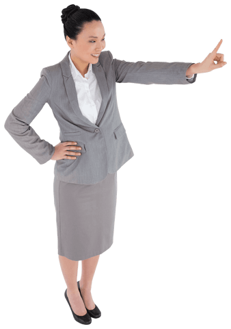 Transparent businesswoman pointing confidently forward
