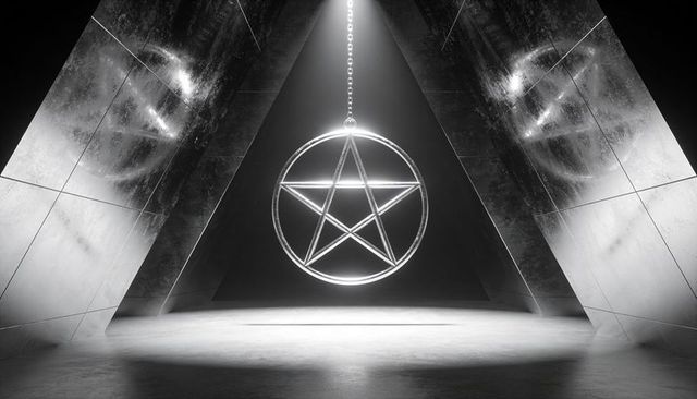 Hanging pentagram pendant swaying in triangular chamber with spotlight haze, monochrome minimalist