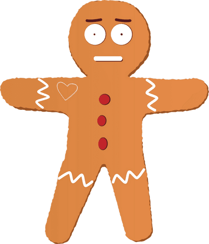 Flat gingerbread man cookie with icing details on transparent background