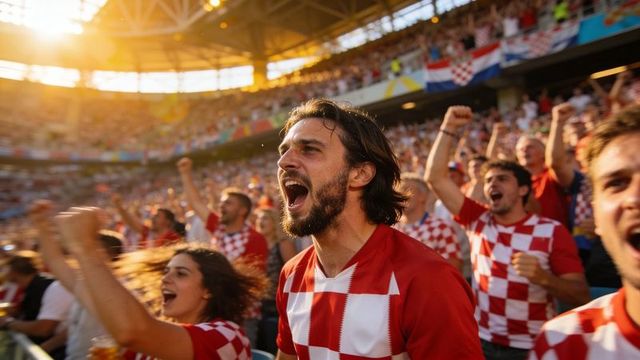 Sunlit croatian supporters cheering in stadium wearing red white checkered jerseys