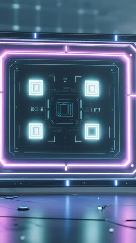 Camera shifting revealing neon control panel with cyan HUD squares and futuristic debris