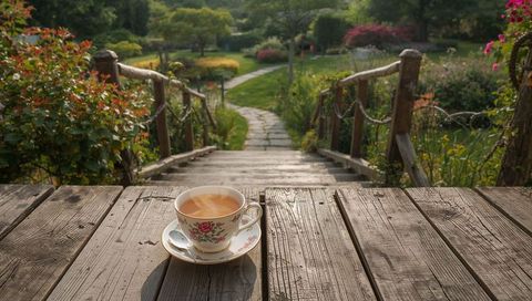 Steaming teacup on rustic deck overlooking sunlit garden path
