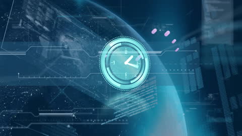 Digital Interface Clock Over Global Data Visualization