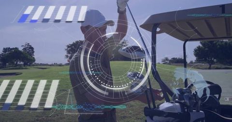 Golfer Retrieving Club with Futuristic HUD Elements