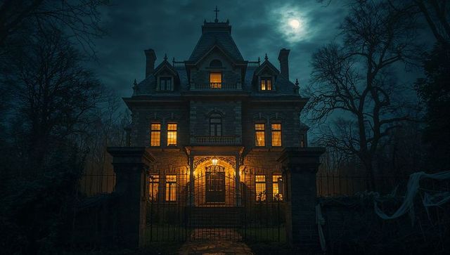 Gothic Mansion at Night with Full Moon and Bare Trees