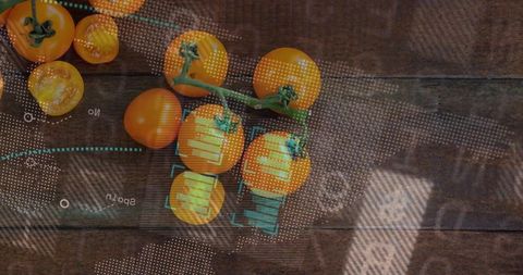 Orange cherry tomatoes on vine with rustic wooden tabletop and futuristic hud overlay