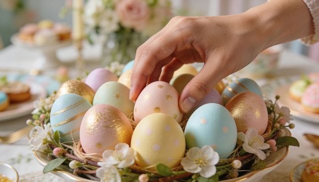 Hand Picking Pastel Easter Egg from Floral Nest Centerpiece on Festive Table