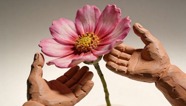 Cupping terracotta hands holding pink daisy bloom on neutral tabletop with soft light