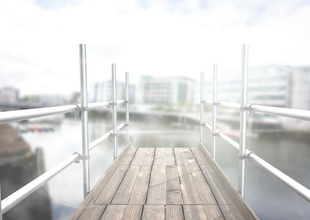 This image depicts a wooden scaffold platform with metal railings extending over a river, against a backdrop of a modern cityscape. Ideal for use in content related to construction projects, urban development, infrastructure upgrades, and progress in building cities. It can also be used in presentations or websites for construction companies, architectural firms, and urban planners.