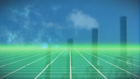 Digital Grid Overlay with Industrial Silhouette