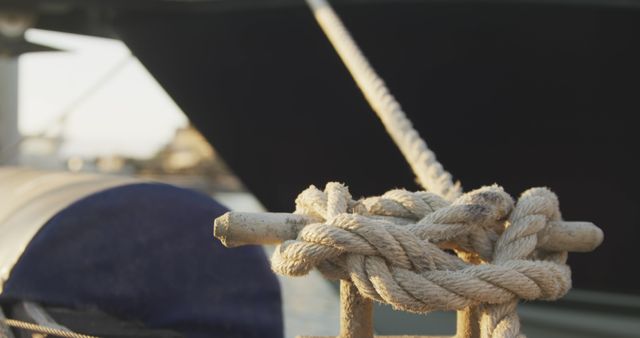Knotted mooring rope on boat tied too jetty in the ocean. Leisure, hobbies, travel, water transport and vacations.