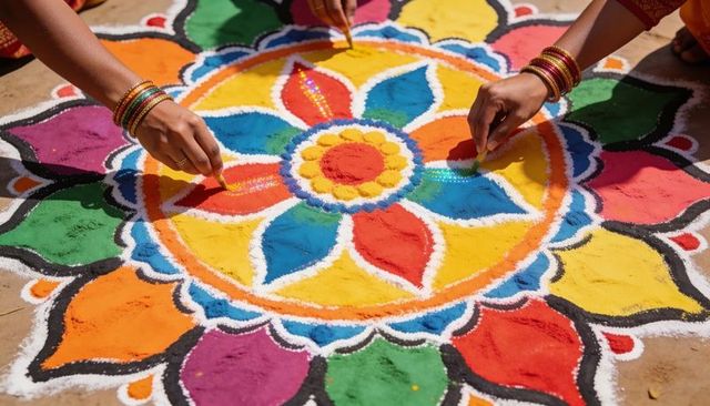 Women creating colorful rangoli mandala with pigments, glitter and traditional bangles