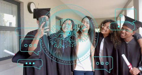 Graduates taking selfie celebrating diversity with ai tech circuit overlay and diplomas