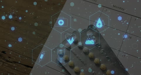 Digital Medicine Concept with Pills and Virtual Icons