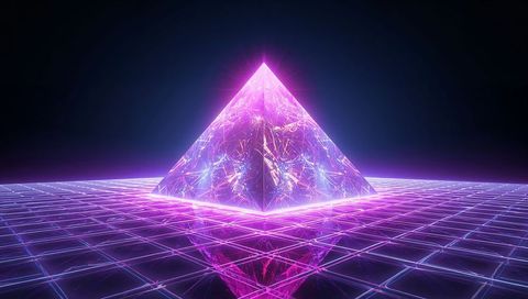 Glowing Neon Pyramid on Reflective Grid Emitting Cyan and Magenta Vaporwave Sparks