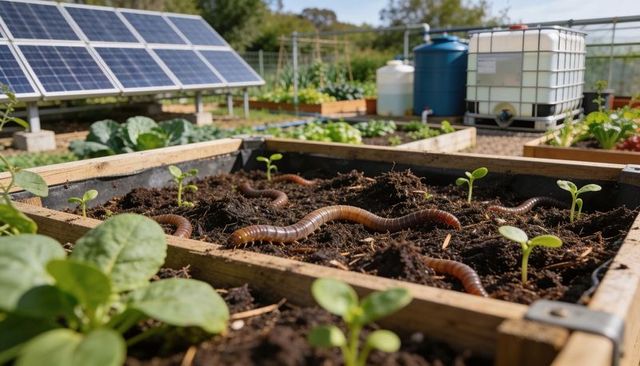 Earthworms enriching raised bed of seedlings near solar panels in sustainable urban garden