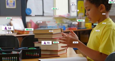 Young Boy Engaging with Books Surrounded by Social Media Reactions