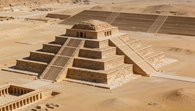 Step pyramid rising over desert plateau with twin staircases and summit temple