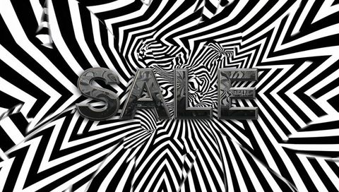Metallic 3d sale lettering hovering over warped op-art stripes high-contrast promo poster