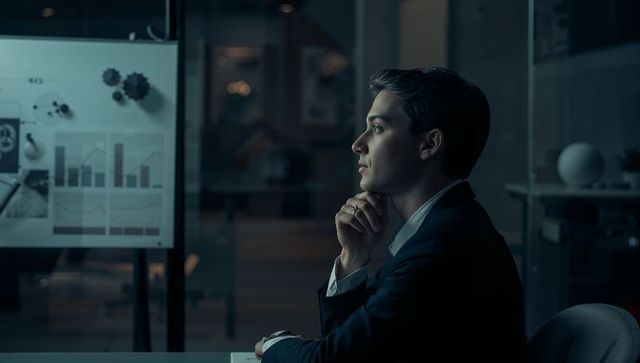 Business analyst studying night-time data on glass board in modern office