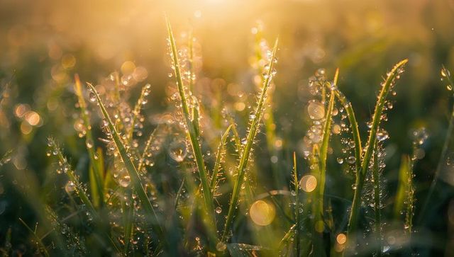Dewy Morning Meadow with Glistening Grass and Bokeh